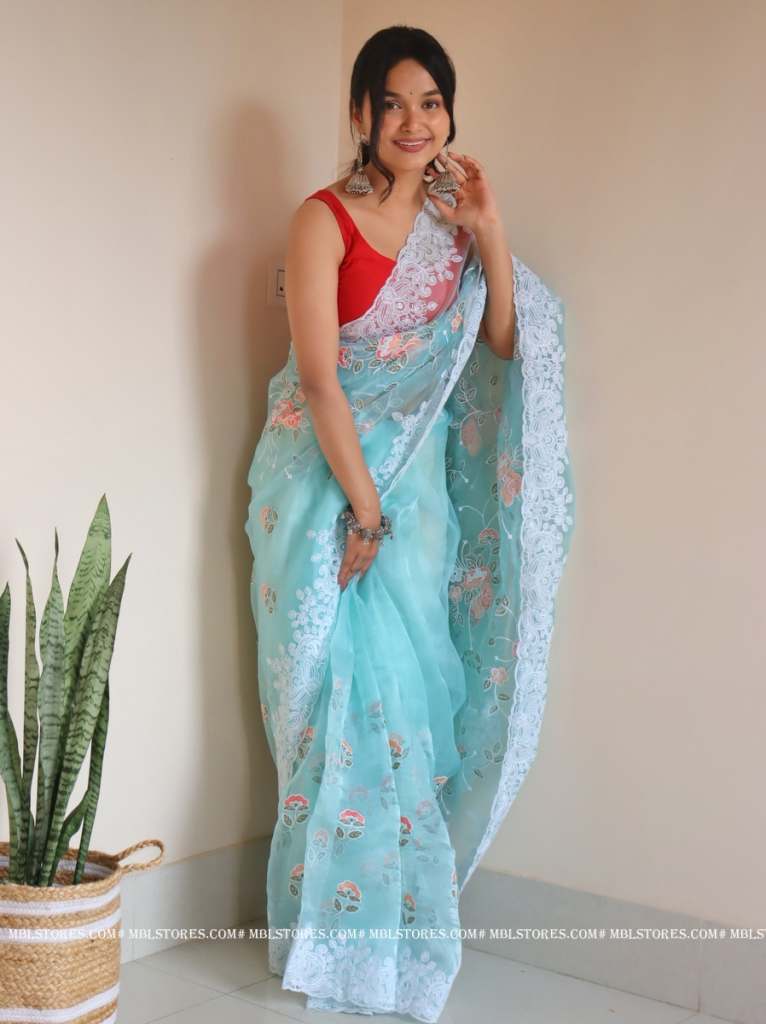 Buy Floral Chikankari Worked Light Blue pure organza saree dress kurti and saree wholesale available