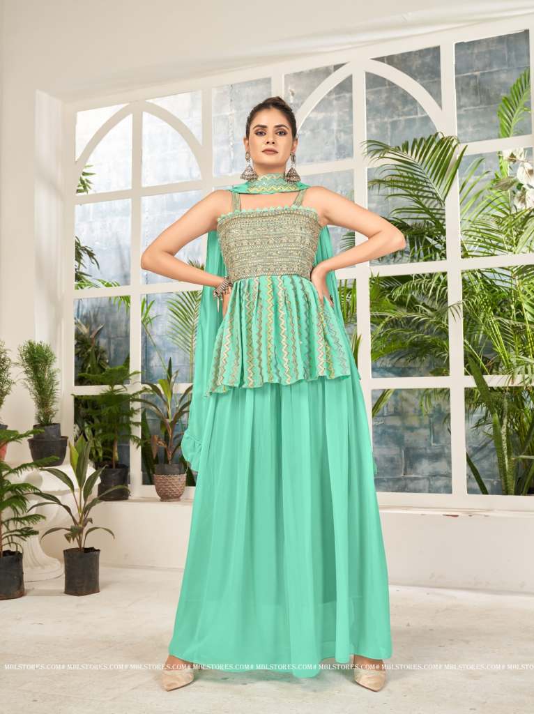Pine Color Sequins And Thread Embroidery Work Georgette Kurti Plaza Se –  Yana Fab