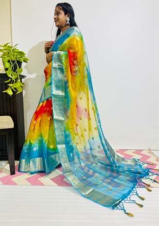 Adoring Pure Zari Work Multi Color Pure Organza Saree  Sarees