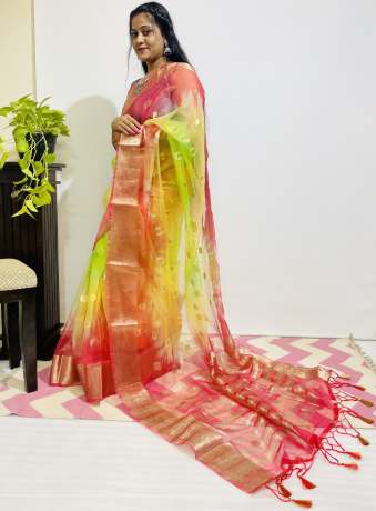 Adoring Pure Zari Work Multi Color Pure Organza Saree  Sarees