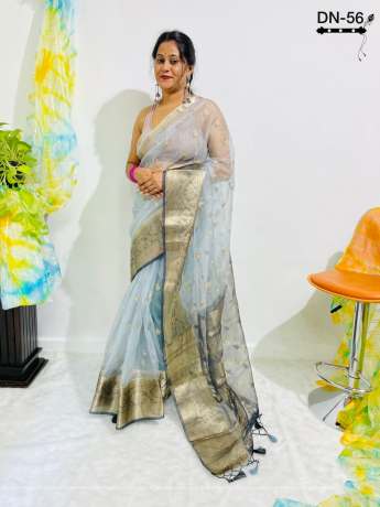All Over Zari Work Worked Grey Saree With rich Pallu  Organza Saree