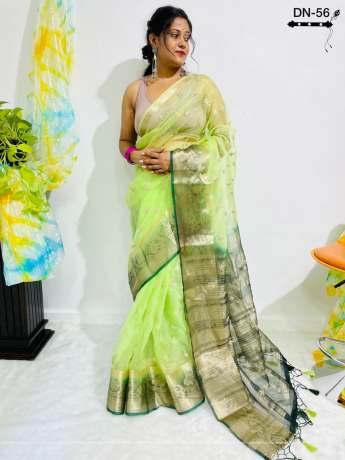 All Over Zari Work Worked Lime Green Saree With rich Pallu  Organza Saree