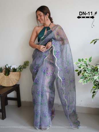 Awesome Stone  Worked Grey Saree With rich Pallu  Organza Saree