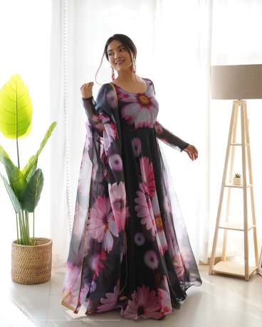 Black Berry Pure Organza Digital Printed Anarkali With Duppata Gown