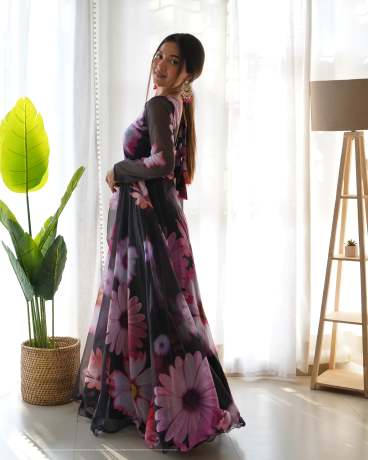 Black Berry Pure Organza Digital Printed Anarkali With Duppata Gown