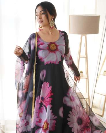 Black Berry Pure Organza Digital Printed Anarkali With Duppata Gown