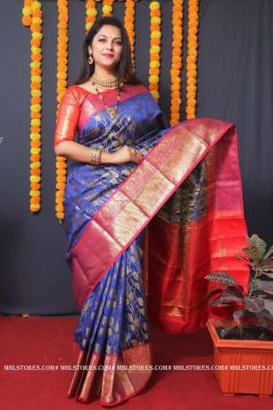 Bollywood Collection Of Pure Golden Zari Silk Indigo Saree  Banarasi Silk