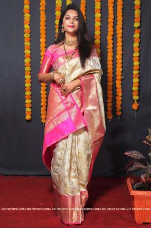 Bollywood Collection Of Pure Golden Zari Silk White Saree  Banarasi Silk
