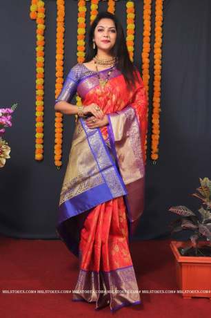 Bollywood Collection Of Pure Golden Zari Silk Red Saree  Banarasi Silk