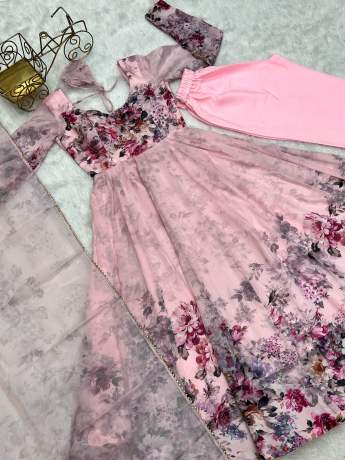 Captivating Light Pink Digital Floral Printed Pure Organza Anarkali Gown  Gown