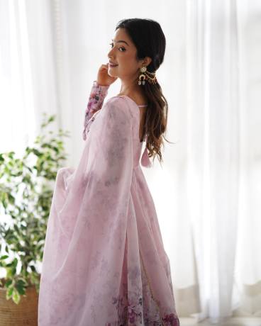 Captivating Light Pink Digital Floral Printed Pure Organza Anarkali Gown  Gown