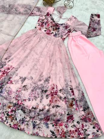 Captivating Light Pink Digital Floral Printed Pure Organza Anarkali Gown  Gown