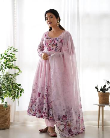 Captivating Light Pink Digital Floral Printed Pure Organza Anarkali Gown  Gown