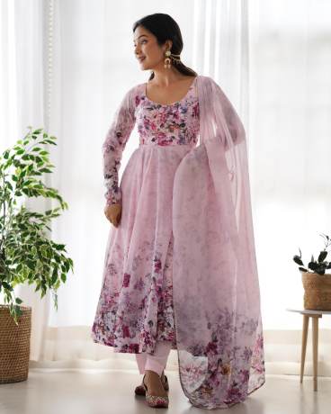 Captivating Light Pink Digital Floral Printed Pure Organza Anarkali Gown  Gown