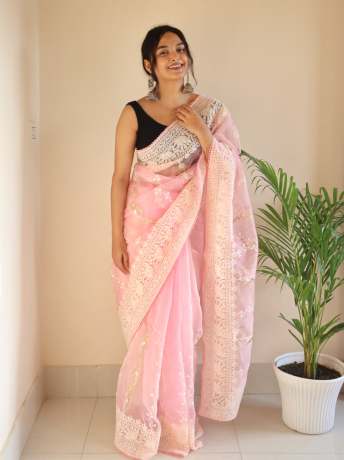 Chikankari Worked Light Pink Colored Pure Organza Saree  Sarees