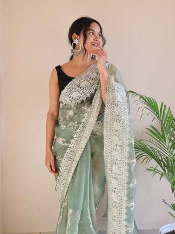 Chikankari Worked Olive Green Colored Pure Organza Saree  Organza Saree