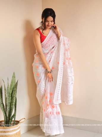 Chikankari Worked  White pure organza saree  Organza Saree