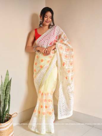 Chikankari Worked light Yellow pure organza saree  Sarees