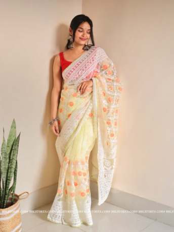 Chikankari Worked light Yellow pure organza saree  Organza Saree