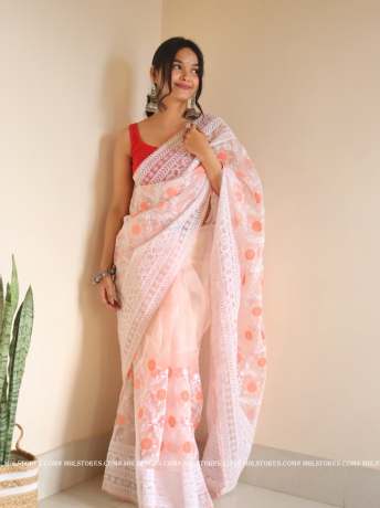 Chikankari Worked light pink pure organza saree  Organza Saree