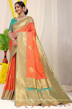 Collection Of Pure Golden Zari Silk Orange Saree  Banarasi Silk