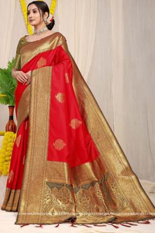 Collection Of Pure Golden Zari Silk Red Saree  Banarasi Silk