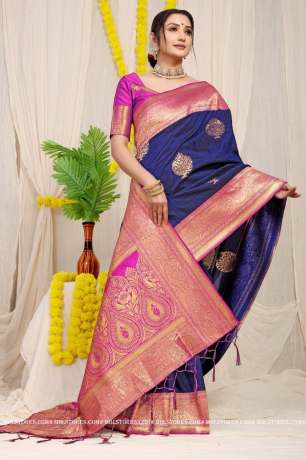 Collection Of Pure Golden Zari Silk Navy Blue Saree  Banarasi Silk