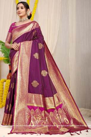 Collection Of Pure Golden Zari Silk Purple Saree  Banarasi Silk