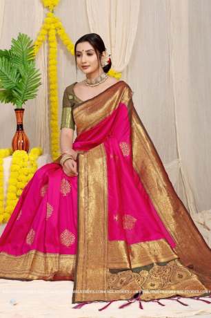 Collection Of Pure Golden Zari Silk Pink Saree  Banarasi Silk