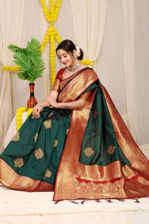 Collection Of Pure Golden Zari Silk Forest Green Saree  Banarasi Silk
