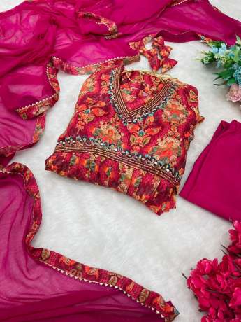 Dazzling Handloom Pure Maslin Red Anarkali Ethnic Wear 