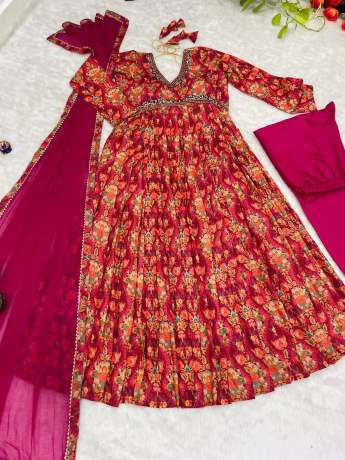 Dazzling Handloom Pure Maslin Red Anarkali Gown