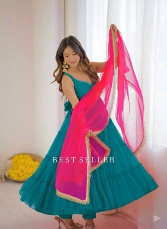 Teal Ruffle Anarkali with Hot Pink Dupatta     Best Seller  