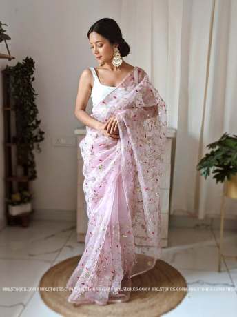Embroidery Worked  Light Pink Pure Organza Saree  Sarees