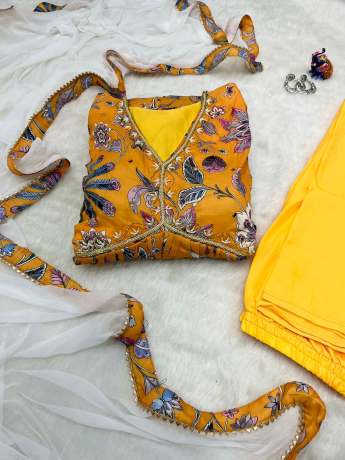  Ethereal Pure Organza Haldi Yellow Anarkali Gown Ethnic Wear 