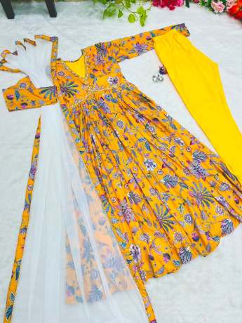  Ethereal Pure Organza Haldi Yellow Anarkali Gown Gown