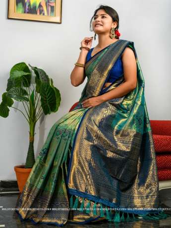 Exclusive Golden Zari Worked Heavy Silk Green Saree  Banarasi Silk