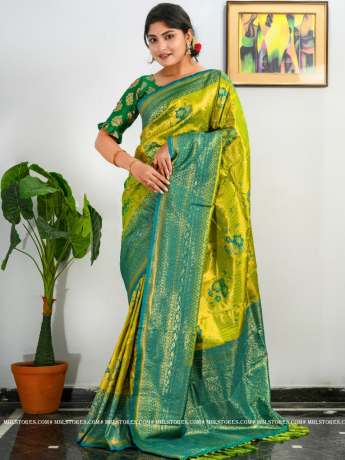 Exclusive Golden Zari Worked Heavy Silk Lime Green  Saree  Banarasi Silk