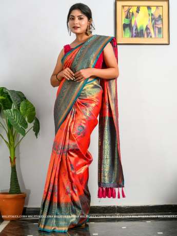Exclusive Golden Zari Worked Heavy Silk Gajri Red   Saree  Banarasi Silk