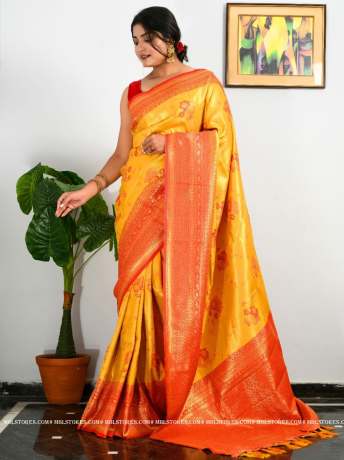 Exclusive Golden Zari Worked Heavy Silk  Yellow    Saree  Banarasi Silk