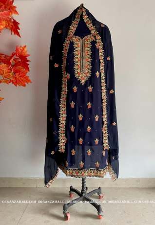 Exclusive  embroidery work on navy blue Georgette  smooth dress material  Pakistani Dress 
