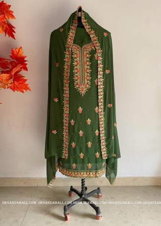 Exclusive  embroidery work on  olive green Georgette  smooth dress material  Pakistani Dress 