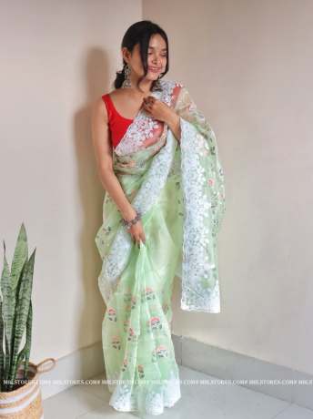 Floral Chikankari Worked Light Green pure organza saree  Organza Saree