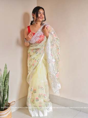 Floral Chikankari Worked Light Yellow pure organza saree  Sarees