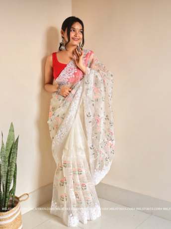Floral Chikankari Worked Off White pure organza saree  Organza Saree