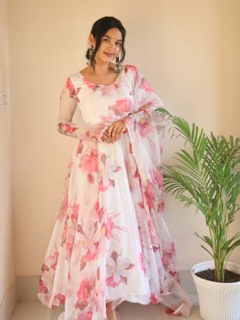 Floral Printed Snow White Pure Organza Gown  Ethnic Wear 