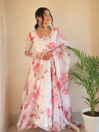 Floral Printed Snow White Pure Organza Gown  Gown