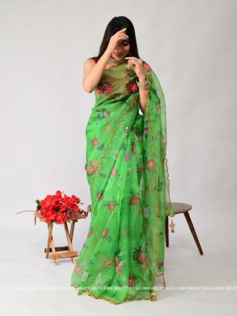 Green Hand Work & floral Print with Aarco Cut Work Pure Organza Saree  Sarees