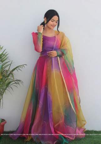Imperial Dark Rainbow Pure Organza Party Wear Gown  Gown
