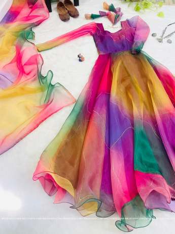 Imperial Dark Rainbow Pure Organza Party Wear Gown  Gown